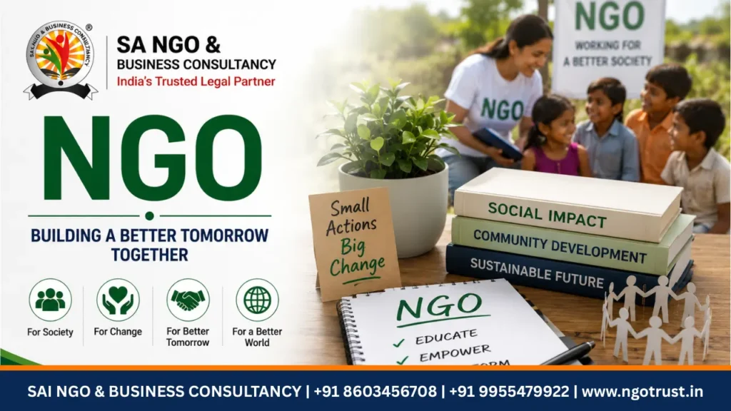 NGO promotional poster highlighting community development, social impact, and sustainable future initiatives, featuring volunteers interacting with children, motivational messages, and Sai NGO & Business Consultancy branding with contact details.