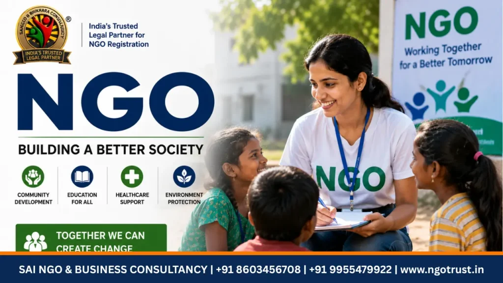 NGO awareness poster featuring a female volunteer interacting with children during a community outreach program, with messages about education, healthcare, environment protection, and social development, along with Sai NGO & Business Consultancy branding and contact details.