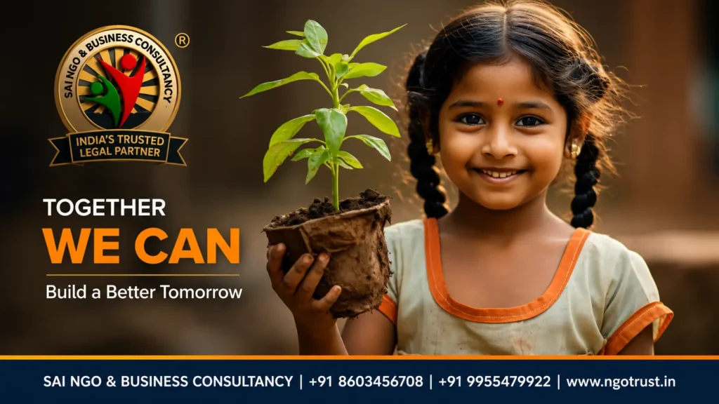 Inspirational NGO awareness poster featuring a smiling young girl holding a plant sapling, along with the Sai NGO & Business Consultancy logo, the message “Together We Can Build a Better Tomorrow,” and contact details.