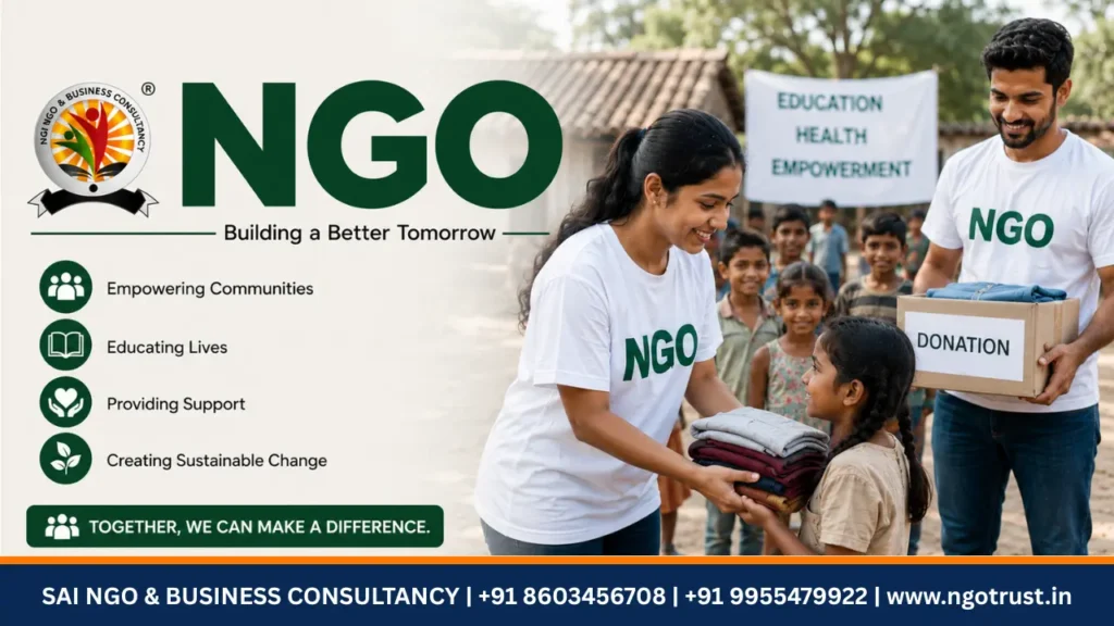 NGO awareness poster showing volunteers distributing clothes and donation support to children in a rural community, promoting education, empowerment, and sustainable social change, with the message “Together, We Can Make a Difference.”