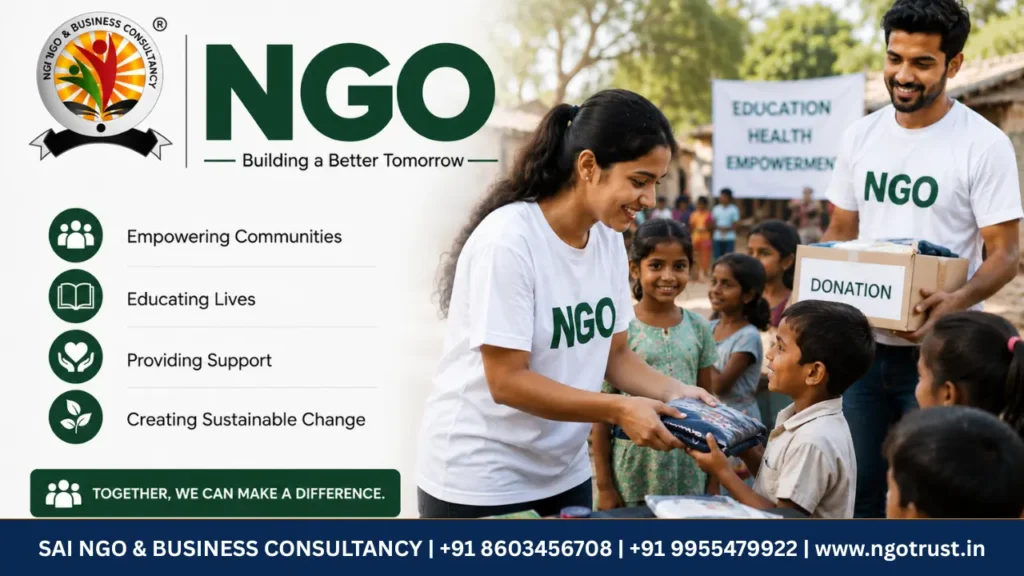 NGO promotional poster showing volunteers distributing support materials to children in a rural community, featuring the message “Building a Better Tomorrow,” community service highlights, and Sai NGO & Business Consultancy contact details.