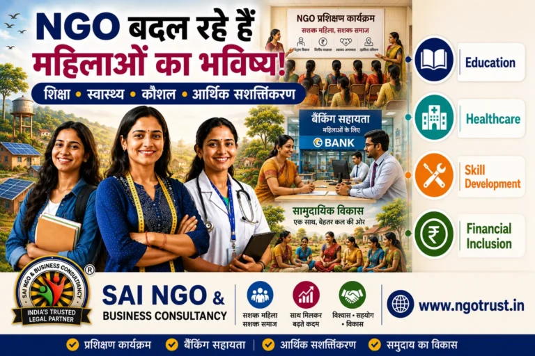 Women empowerment NGO thumbnail with education, healthcare, skills, and financial inclusion