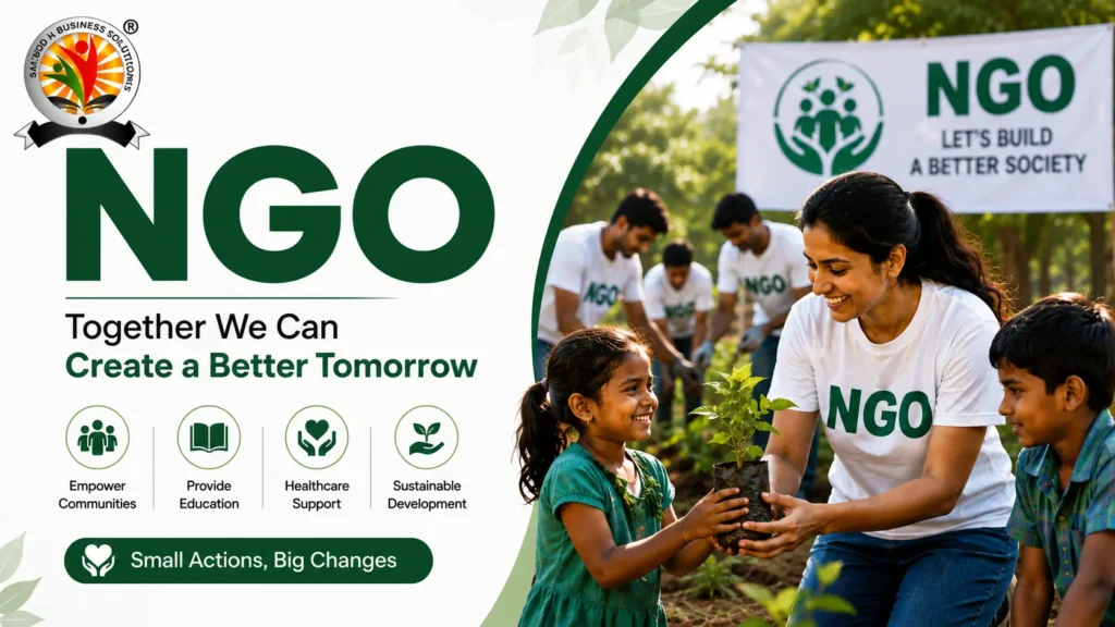 NGO awareness poster showing volunteers and children participating in a tree plantation activity, promoting education, healthcare, sustainable development, and community empowerment, with the message “Together We Can Create a Better Tomorrow.”