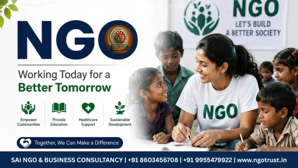 NGO awareness poster featuring a volunteer teaching and interacting with children, promoting education, healthcare support, sustainable development, and community empowerment, with Sai NGO & Business Consultancy branding and contact details.