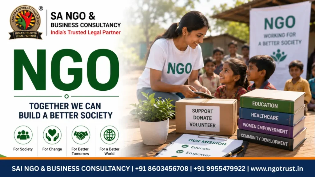 NGO promotional poster showing a volunteer supporting children in a rural community, highlighting education, healthcare, women empowerment, and community development, with Sai NGO & Business Consultancy branding and contact information.