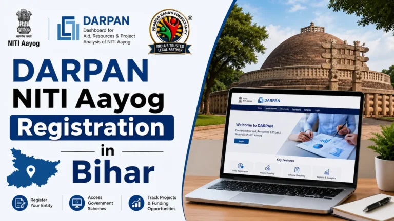 Professional blog thumbnail for Darpan NITI Aayog Registration in Bihar featuring Bihar monument, DARPAN portal dashboard, and Sai NGO & Business Consultancy logo.