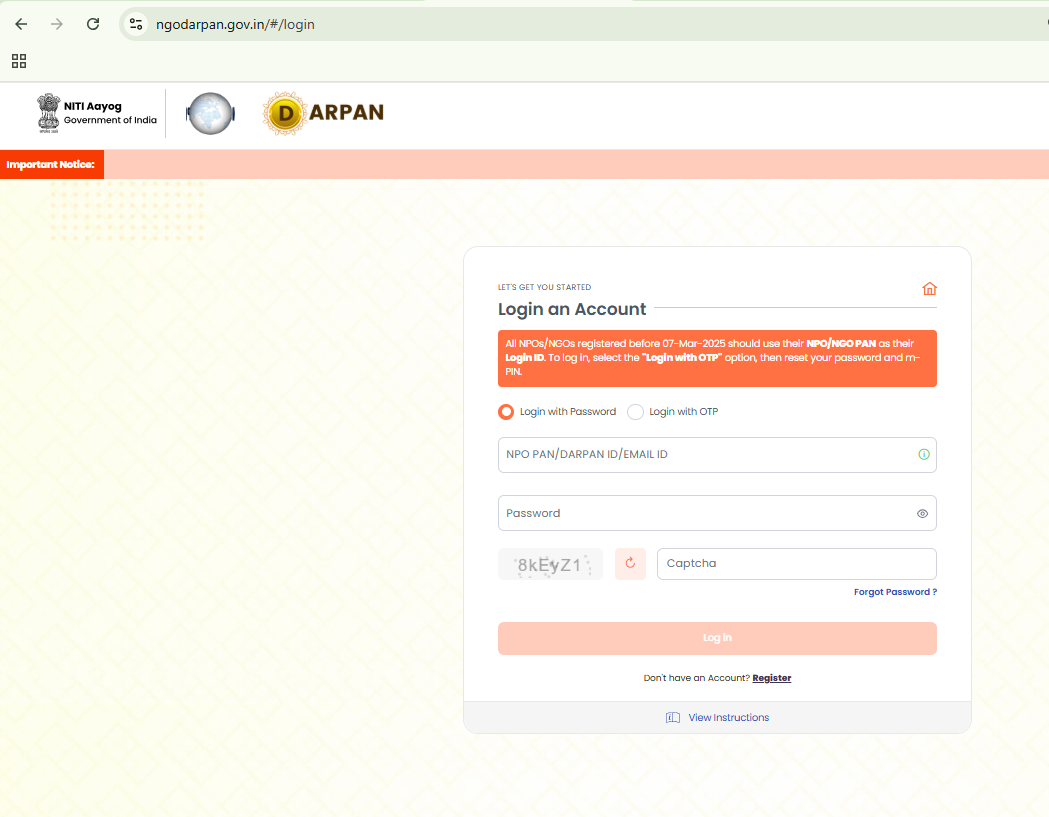 Darpan Registration Portal login page by NITI Aayog showing NGO/NPO login form with password, OTP, captcha and registration options