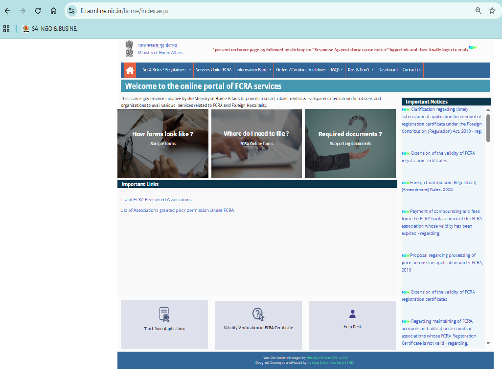 FCRA online portal homepage dashboard 2026