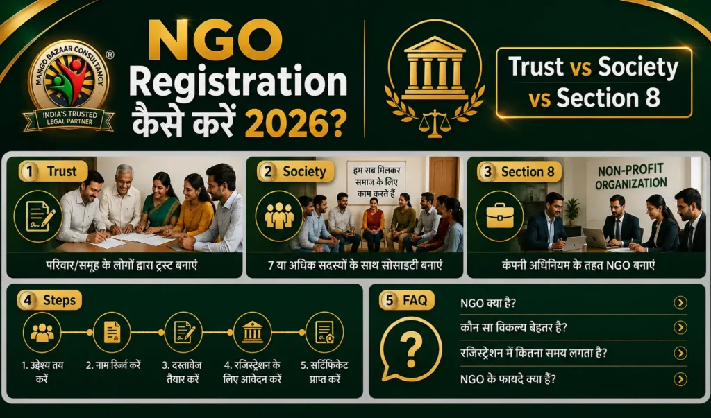 “Dark green and gold NGO registration infographic banner in Hindi featuring the title ‘NGO Registration कैसे करें 2026?’ with comparison of Trust, Society, and Section 8 NGO types, registration steps, FAQ section, and consultancy logo.”
