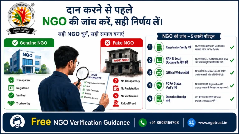 Hindi infographic poster about NGO verification guidance showing genuine vs fake NGO comparison, NGO document verification checklist, FCRA status check, donation receipt verification, and free NGO verification support by Sai NGO & Business Consultancy.