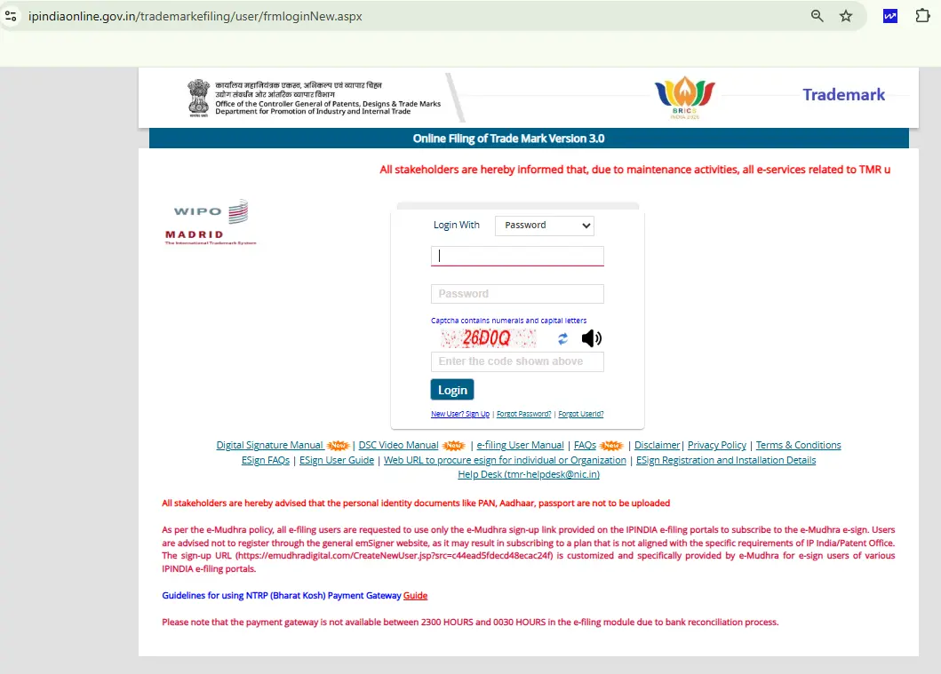 IP India Trademark e-Filing Login Page for Online Trademark Registration and User Login Portal