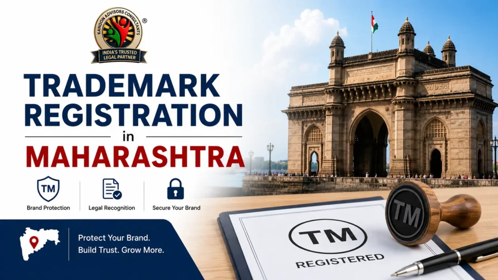 Professional blog thumbnail for Trademark Registration in Maharashtra featuring Gateway of India, trademark registration document, legal branding icons, and consultancy logo.
